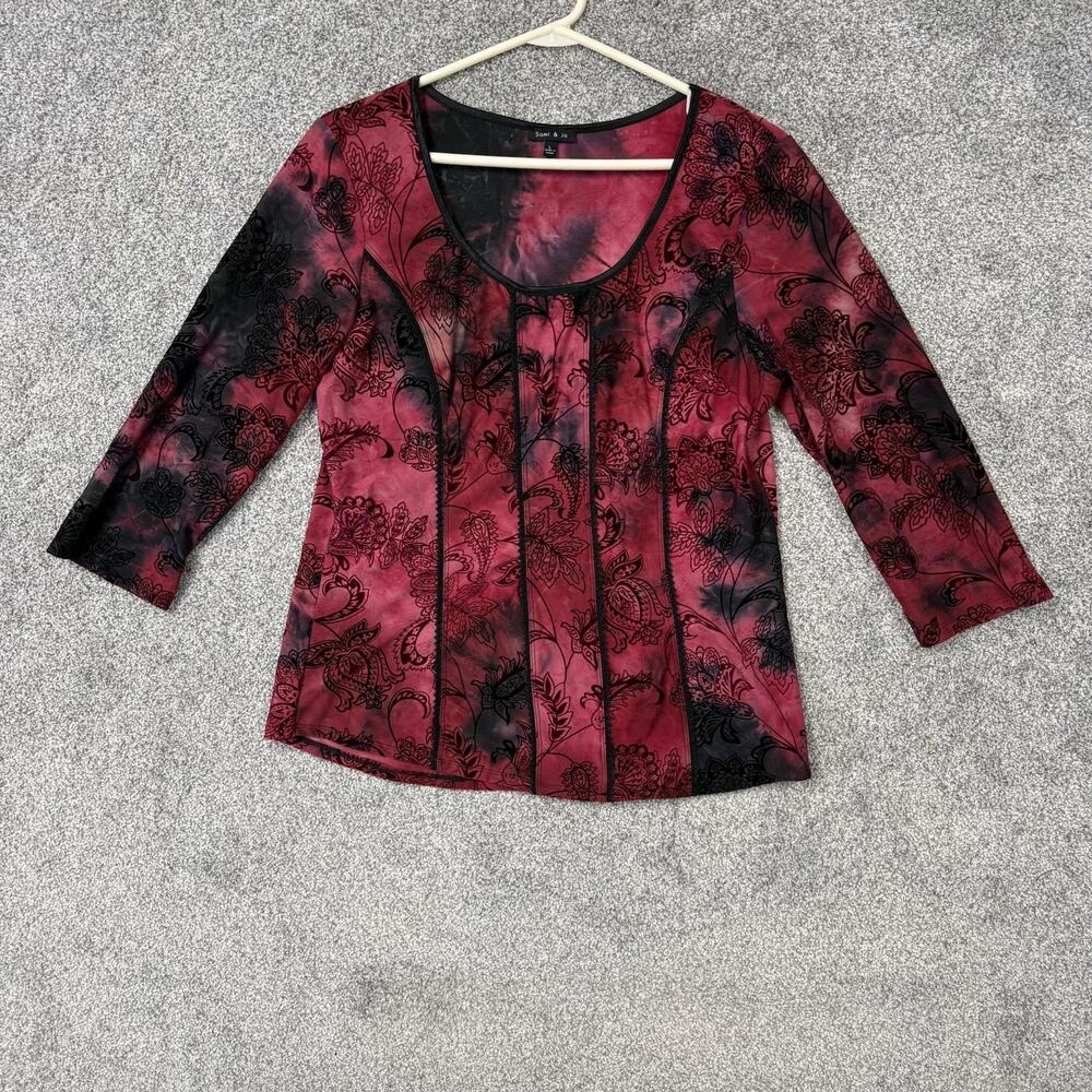 Sami Jo Red Velvet Burnout Top L Floral Whimsigoth Dark Romantic Lace Boho